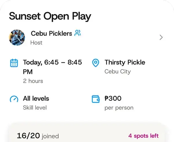Open play session booking screen