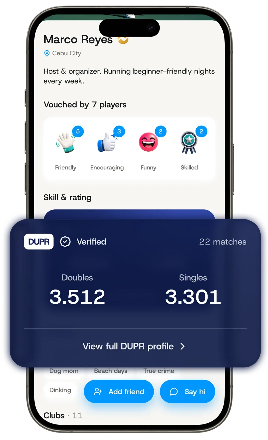 Onda Fit player profile with DUPR ratings on mobile
